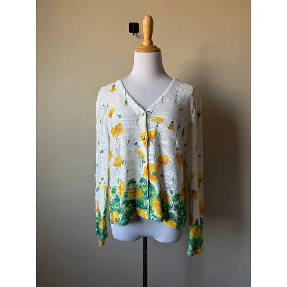 St. John Sport Floral Light Weight Knit Gold-Tone Button Cardigan Sz L Whimsical